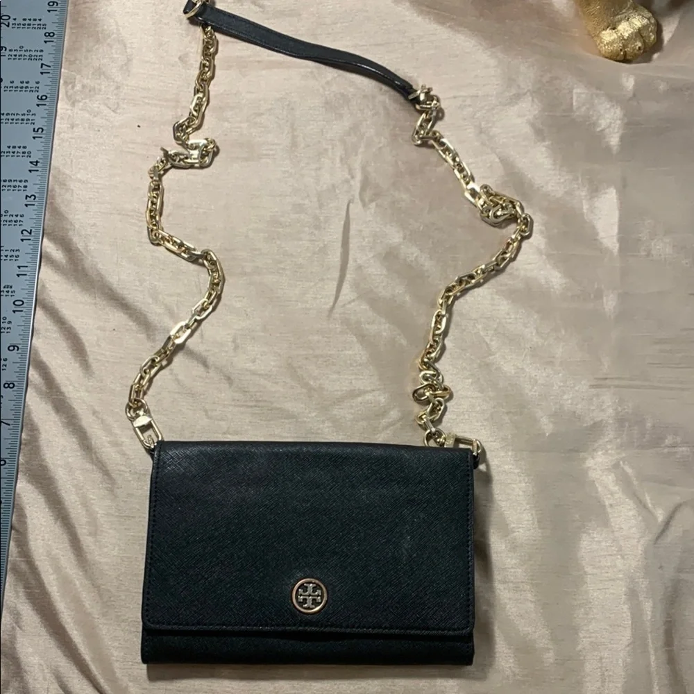 Tory Burch Black Crossbody Bag with Gold Chain Saffiano Leather